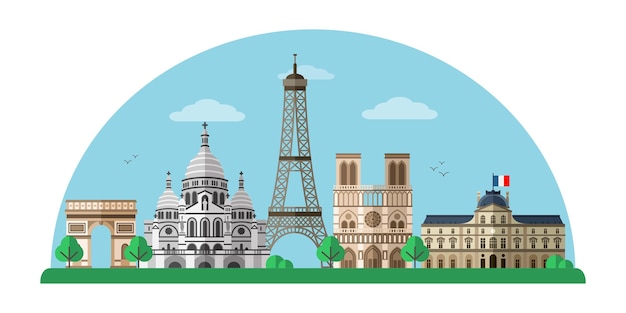 Paris city with Eiffel Tower Notre Dame illustration France capital