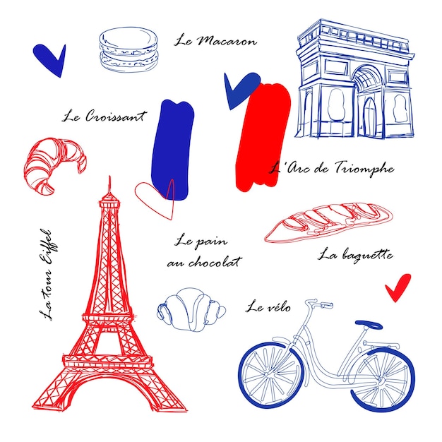 Vector paris elements vector illustration eiffel tower arch triumphal croissant baguette maccarone