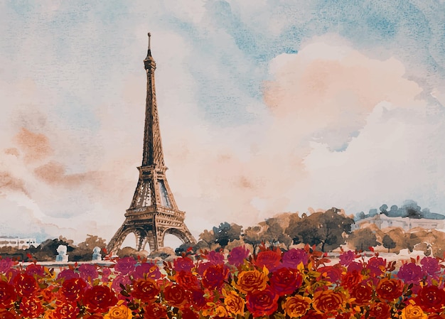 Paris European city landscape France Eiffel tower with red roses in autumn Watercolor painting