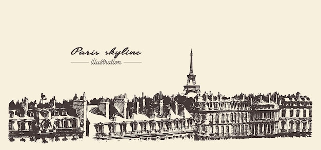 Paris skyline, France, vintage vector illustration, hand drawn