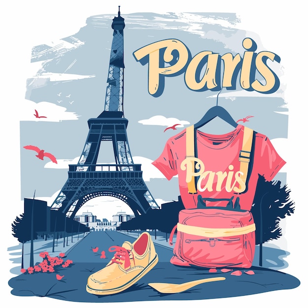 Vector paris travel poster with tshirt backpack shoes and eiffel tower vector illustration