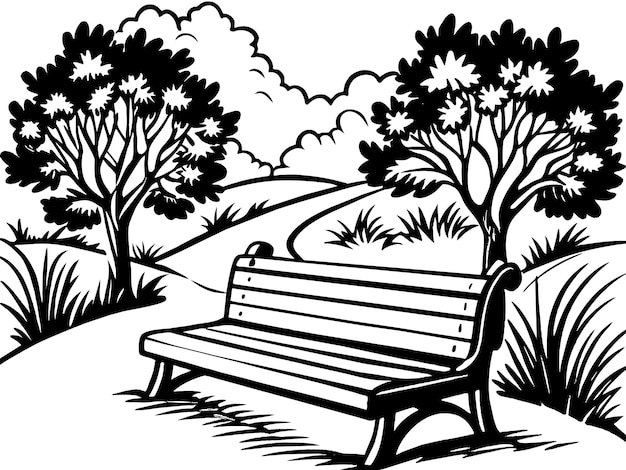 a park bench with trees and a park bench in the background