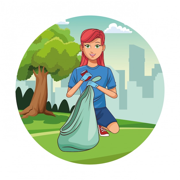 Park cleaning volunteer girl cartoon