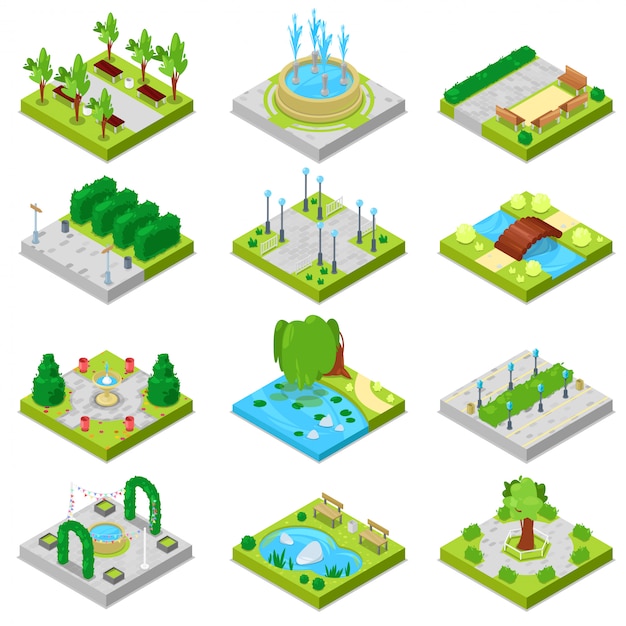 Park  landscape of parkland with green garden trees and fountain or pond in city illustration set of isometric parkway in cityscape isolated on white background