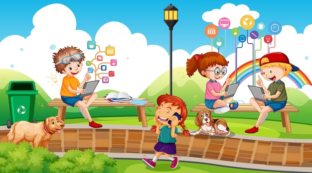 Park scene with children using technology devices