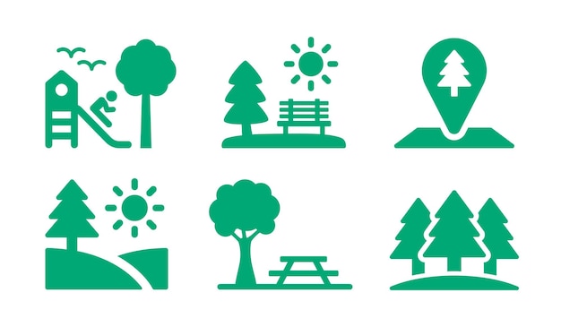 Park with tree, bench, table and playground with child on slide icon vector set illustration.