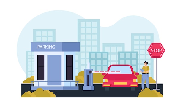 Parking flat composition secure parking on the street in the middle of town with valet booth and barrier vector illustration