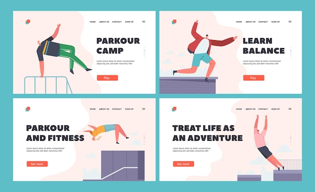 Parkour in City Website Landing Page Set Young People Jumping Over Walls and Barriers Urban Sports Active Lifestyle Sport Activity Young Characters Tricks on Street Cartoon Vector Illustration