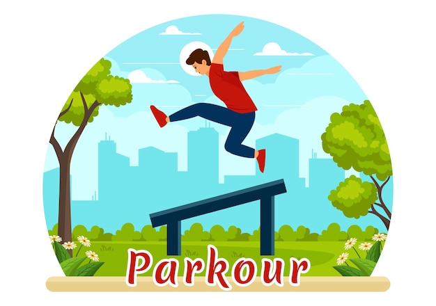 Parkour Sports Vector Illustration featuring Young Men Jumping Over Walls and Barriers in City Street and Building in a Flat Style Cartoon Background