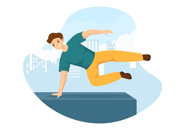 Parkour Sports with Men Jumping Over Walls and Barriers in Buildings in Flat Cartoon Illustration