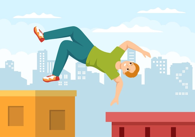 Parkour Sports with Men Jumping Over Walls and Barriers in Buildings in Flat Cartoon Illustration