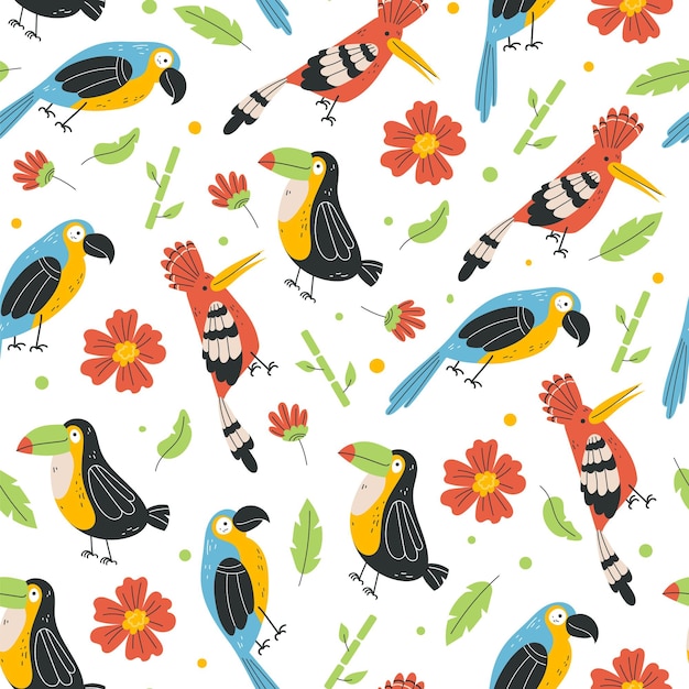 Parrot birds seamless repeat pattern design element concept flat cartoon design element illu