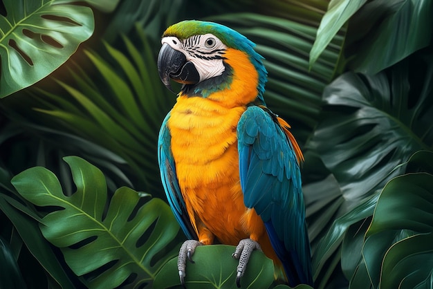 Vector a parrot is standing in a green jungle with the sun shining through it