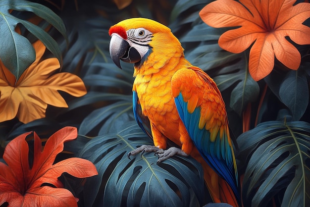 Vector a parrot is standing in a plant with orange leaves