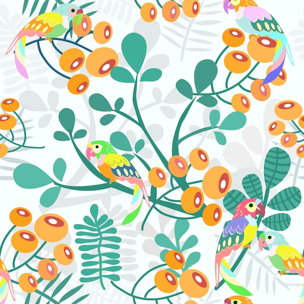 Parrot and orange flower with green leaf seamless pattern.