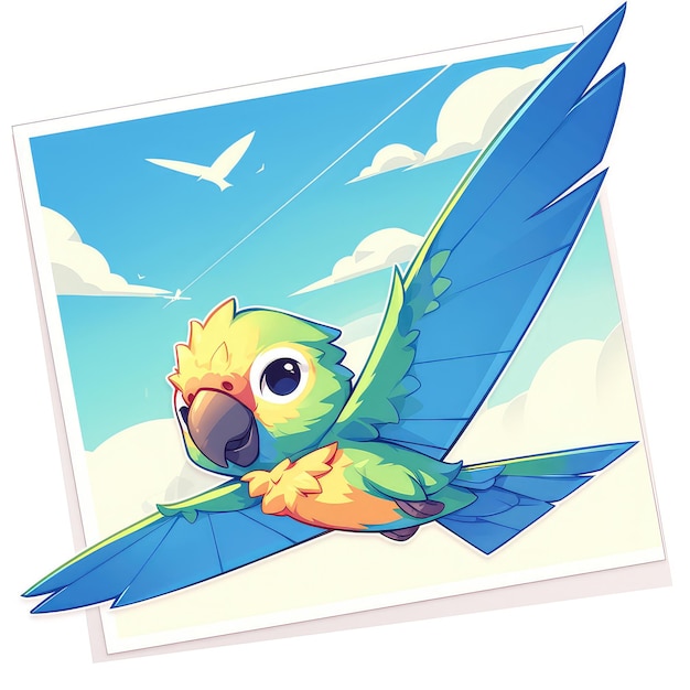 A parrot riding a hang glider cartoon style