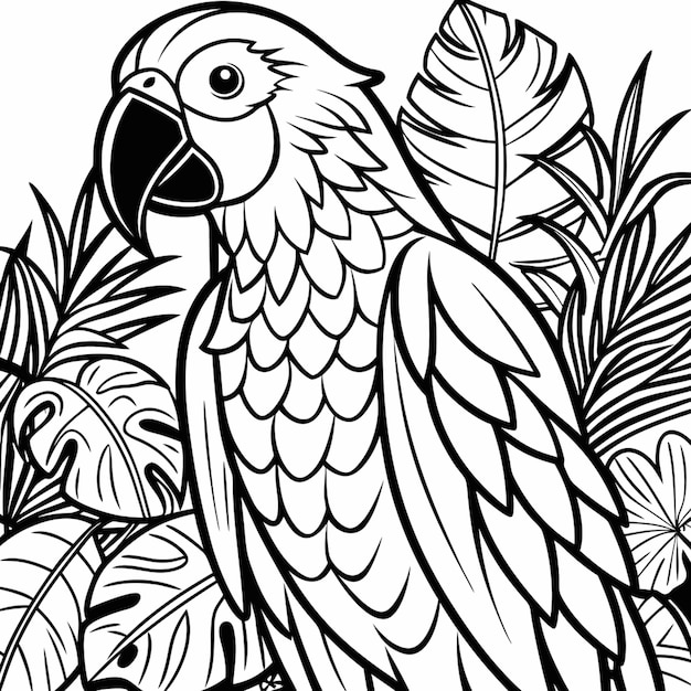 Vector parrot scarlet macaw in green tropical forest vector illustration line art