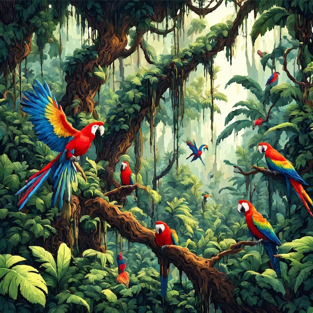 Parrots in the jungle with the words parrots on the bottom