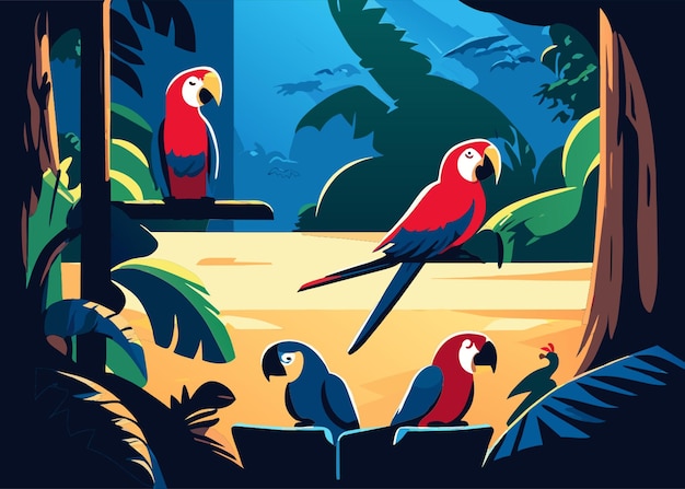 Vector parrots at a movie night in the woods vector illustration flat 2