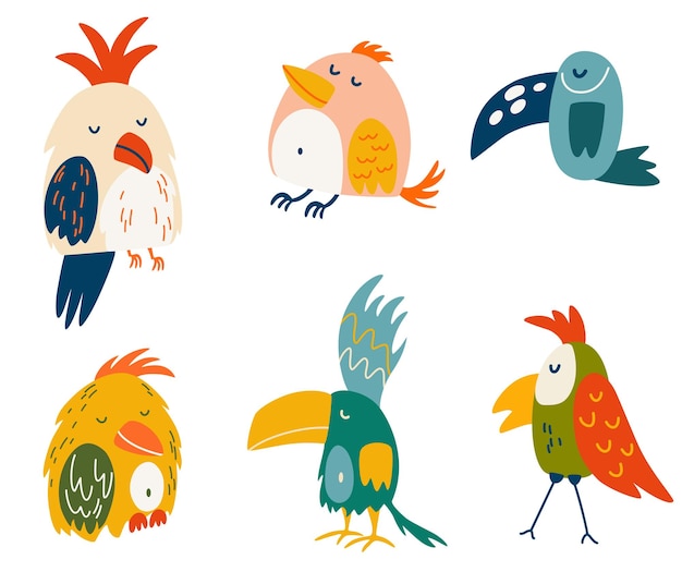 Parrots set Cartoon cute various parrots Exotic birds Great for children cards prints and greeting card Isolated vector clip art illustration