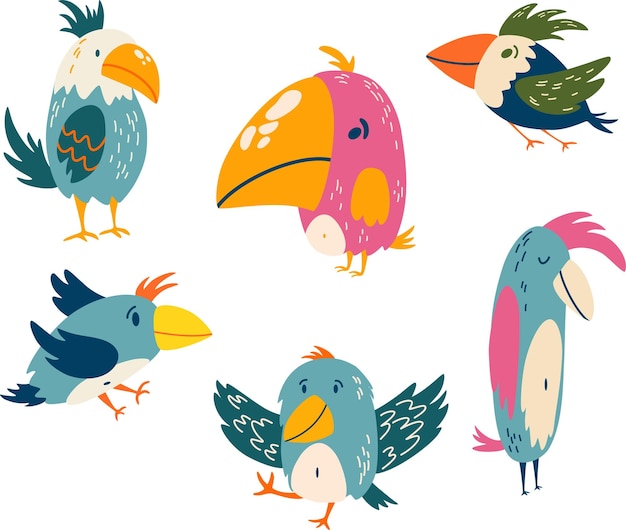 Parrots set Exotic birds Great for children cards prints and greeting card Isolated vector clip art illustration