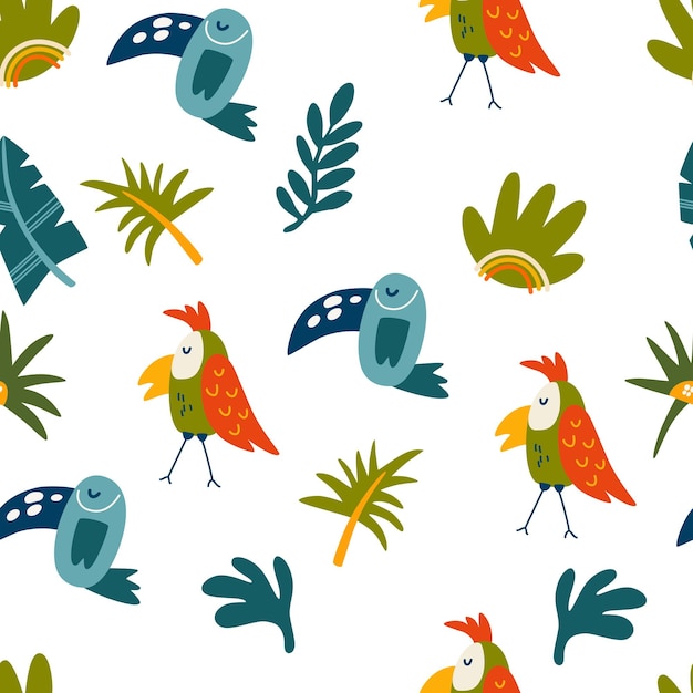 Parrots and tropical leaves seamless pattern Jungles background Endless background in childish style for fabric textile kids and wallpaper Vector cartoon illustration