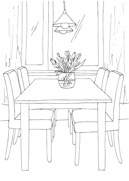 Part of the dining room. Table and chairs near the window. On the table a vase of flowers. Lamps hang over the table.  Hand drawn sketch.Vector illustration.