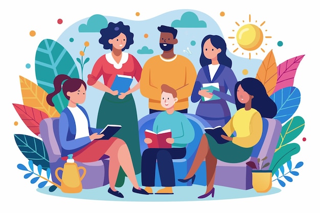 Participants engage in a group therapy session surrounded by vibrant plants and sunlight Customizable group therapy illustration is disproportionate