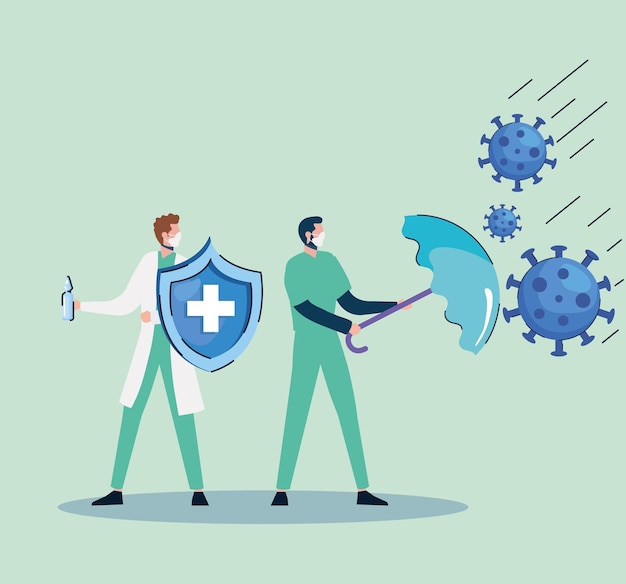  particles with doctors lifting umbrella and shield  illustration 