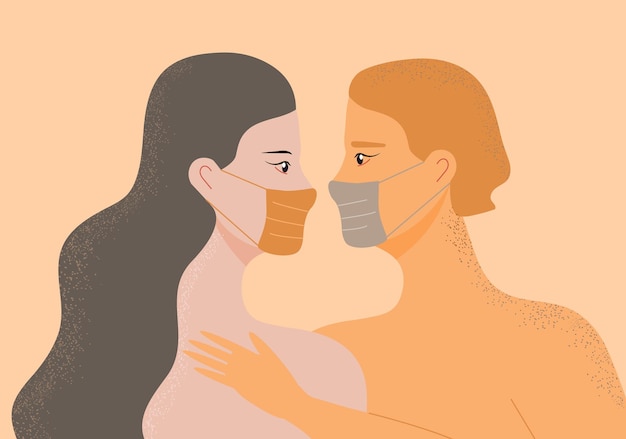 Partners in love concept vector Woman and man are flirting and wearing medical mask for coronavirus prevention Happy marriage husband and wife illustration Valentin greeting for couple