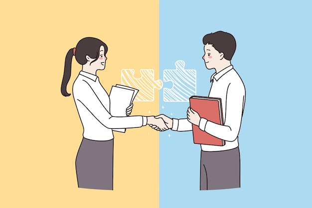 Partnership, team, like minded people, friendliness concept. Man and woman business colleagues partners standing with official documents shaking hands after deal vector illustration