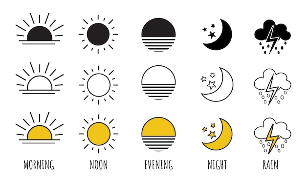 Parts of the Day Morning, Afternoon, Noon, Evening ,Night Icons. Daytime transparency Vector Icons