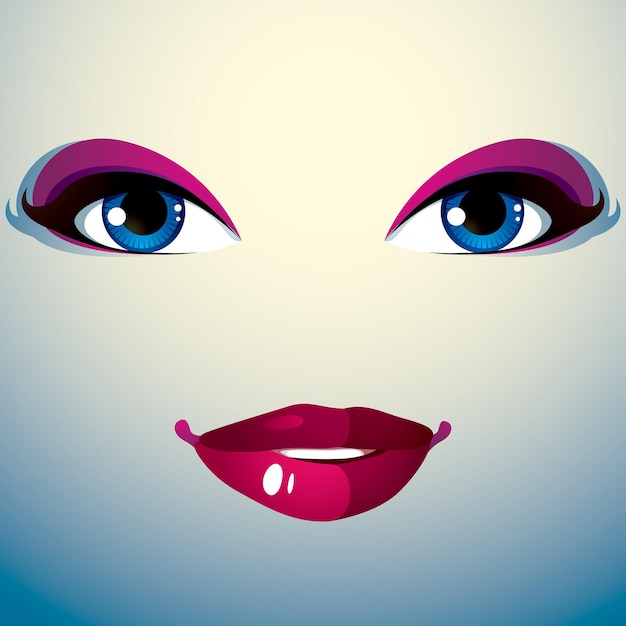 Parts of the face of a young beautiful lady with a bright make-up, lips and eyes. People facial expression, happy smiling woman.