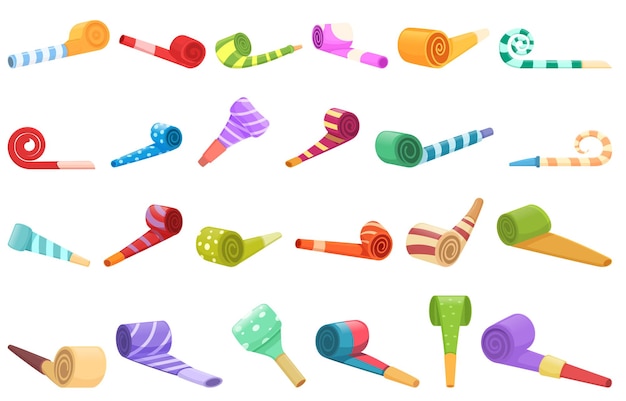 Party blower icons set cartoon vector Horn birthday