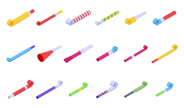 Party blower icons set isometric vector Whistle horn