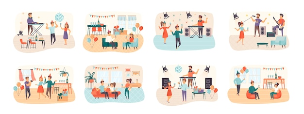 Vector party bundle of scenes with flat people characters situation