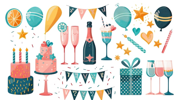 Party decorative items flat vector illustrations set ar 169 style raw Job ID d6a87f7d7c3f4a1e9c17637