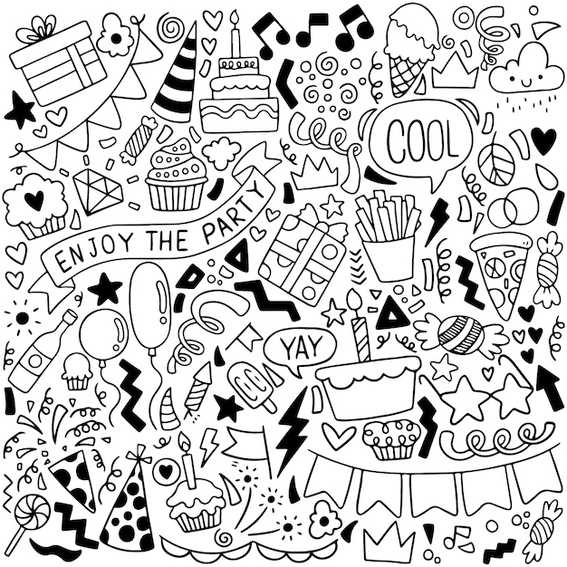 party doodle happy birthday greeting card with drawing elements