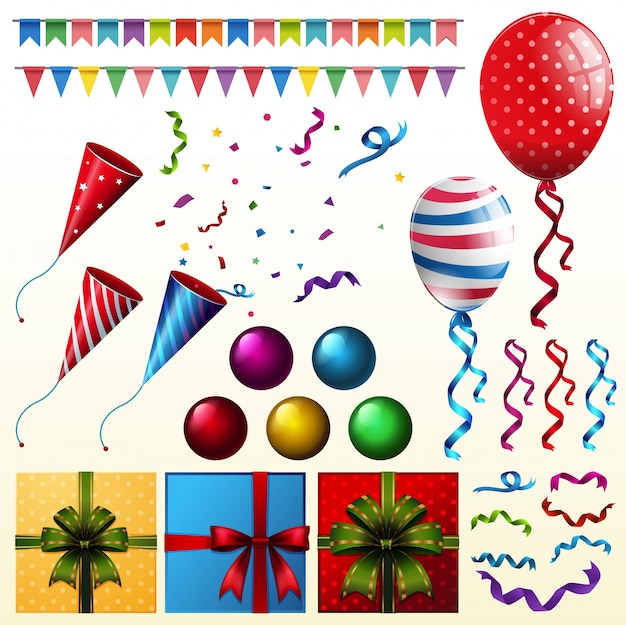 Party elements with balloons and presents