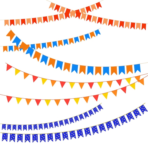 Party flags vector set Colorful bunting and garlands Celebration birthday holiday fun anniversary decorative for halloween Thanksgiving and christmas or new year