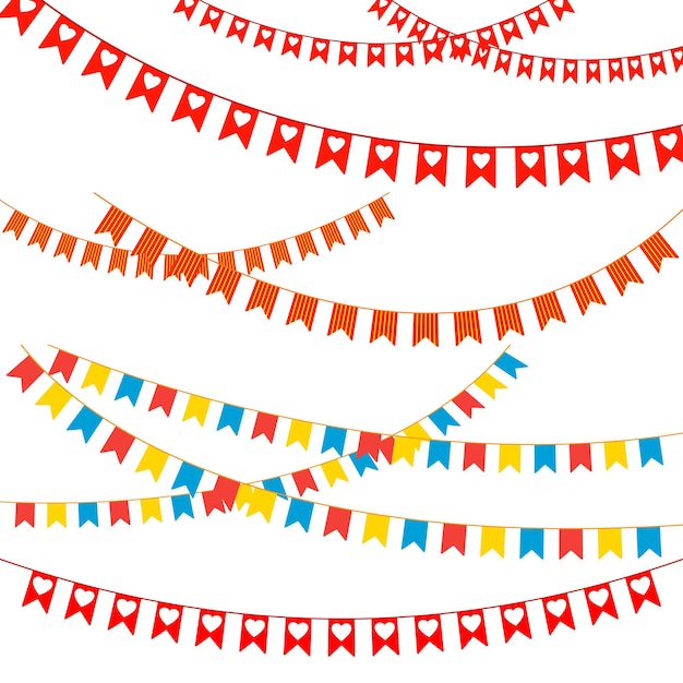 Party flags vector set Colorful bunting and garlands Celebration birthday holiday fun anniversary decorative for halloween Thanksgiving and christmas or new year