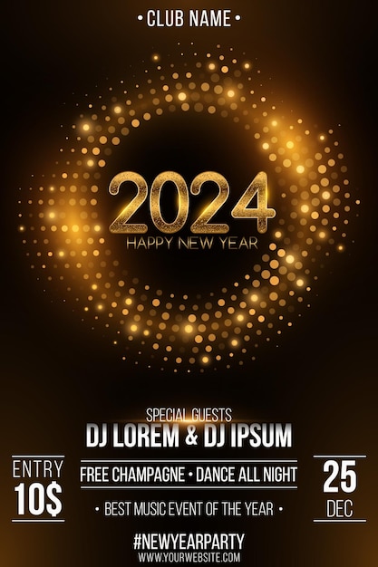 Vector party flyer for new year 2024 abstract circles with glowing dots and gold glitter numbers invitation from a nightclub to a music event vector illustration eps 10