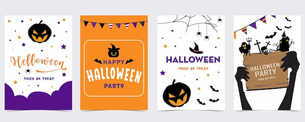 Party halloween postcard with web spider batpumpkinhouse skeleton