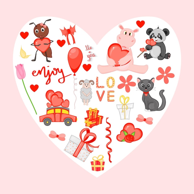 Party hand drawn set Party decoration items Valentines day theme Vector illustration isolated on white heart