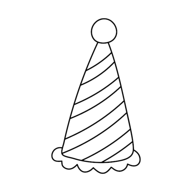 Party hat in doodle style Conical birthday striped hat with bubo