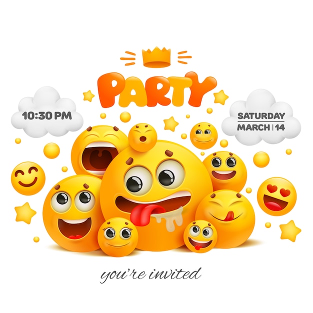 Party invitation card template with group of emoji characters.