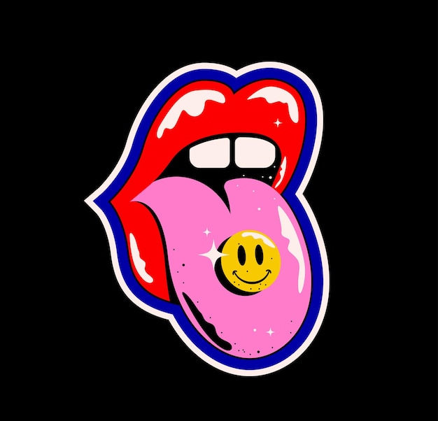 Party lips sticker design template with cartoon mouth and ecstasy yellow smiled pill on the tongue