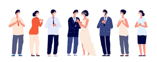 Party in pandemic Wedding group wear face masks couple protected guests Safety bridal ceremony with family and friends utter vector concept Pandemic wedding party wife and husband illustration