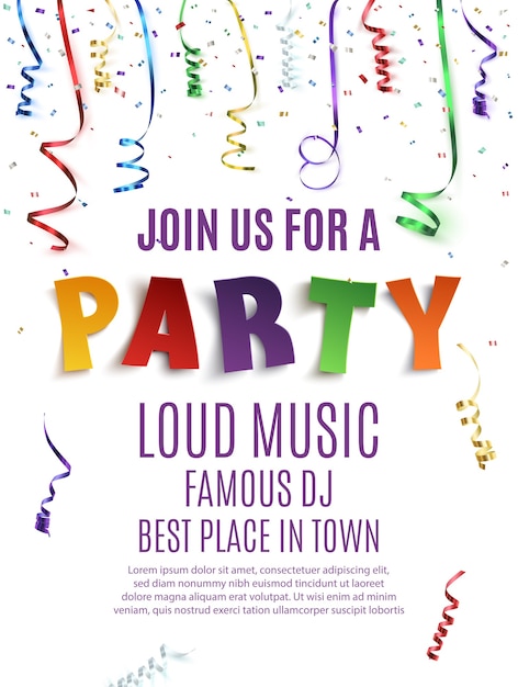 Vector party poster template with confetti and colorful ribbons on white background.