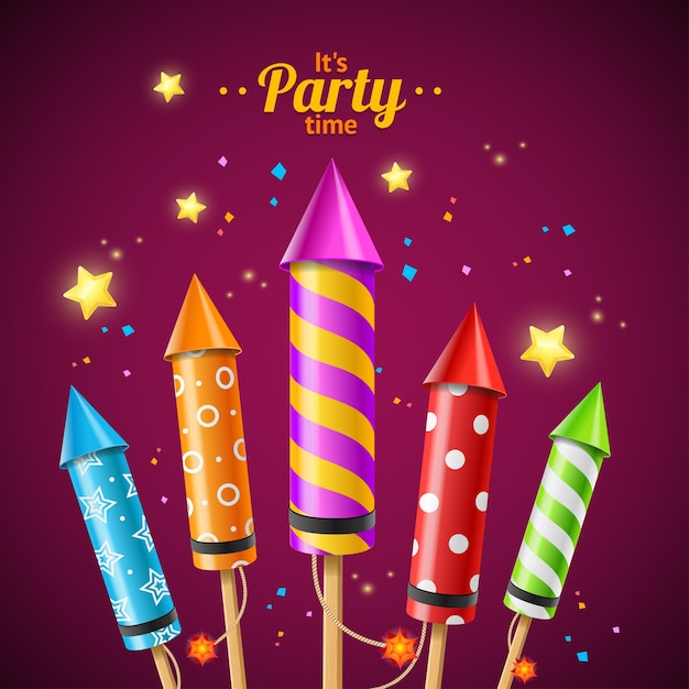 Party Rocket Fireworks Flyer Card for Use on Holiday. Vector illustration